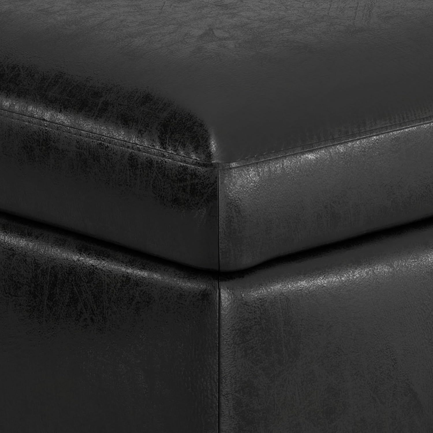 SIMPLIHOME Owen Small Rectangular Storage Ottoman - 36 inch Wide Upholstered Vegan Leather Lift-Top Ottoman in Distressed Black, Mid-Century Modern Ottoman for Living Room with Tufted Detail