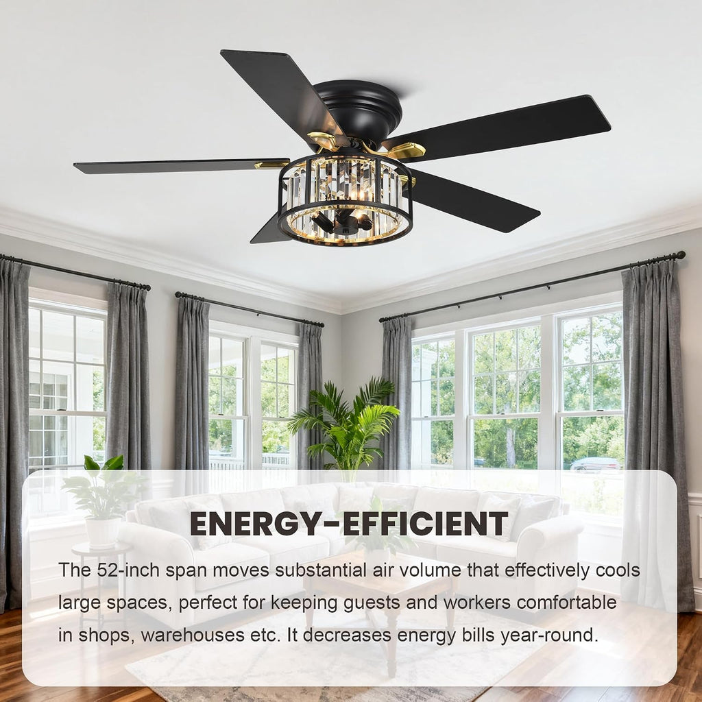 Dawn Whisper 52' Modern Crystal Flush Mount Ceiling Fans with Lights Black | Crystal Chandelier, Low Profile Low Ceilings, Remote Control, Reversible, Noiseless, 6 Speeds, for Living Room Bedroom