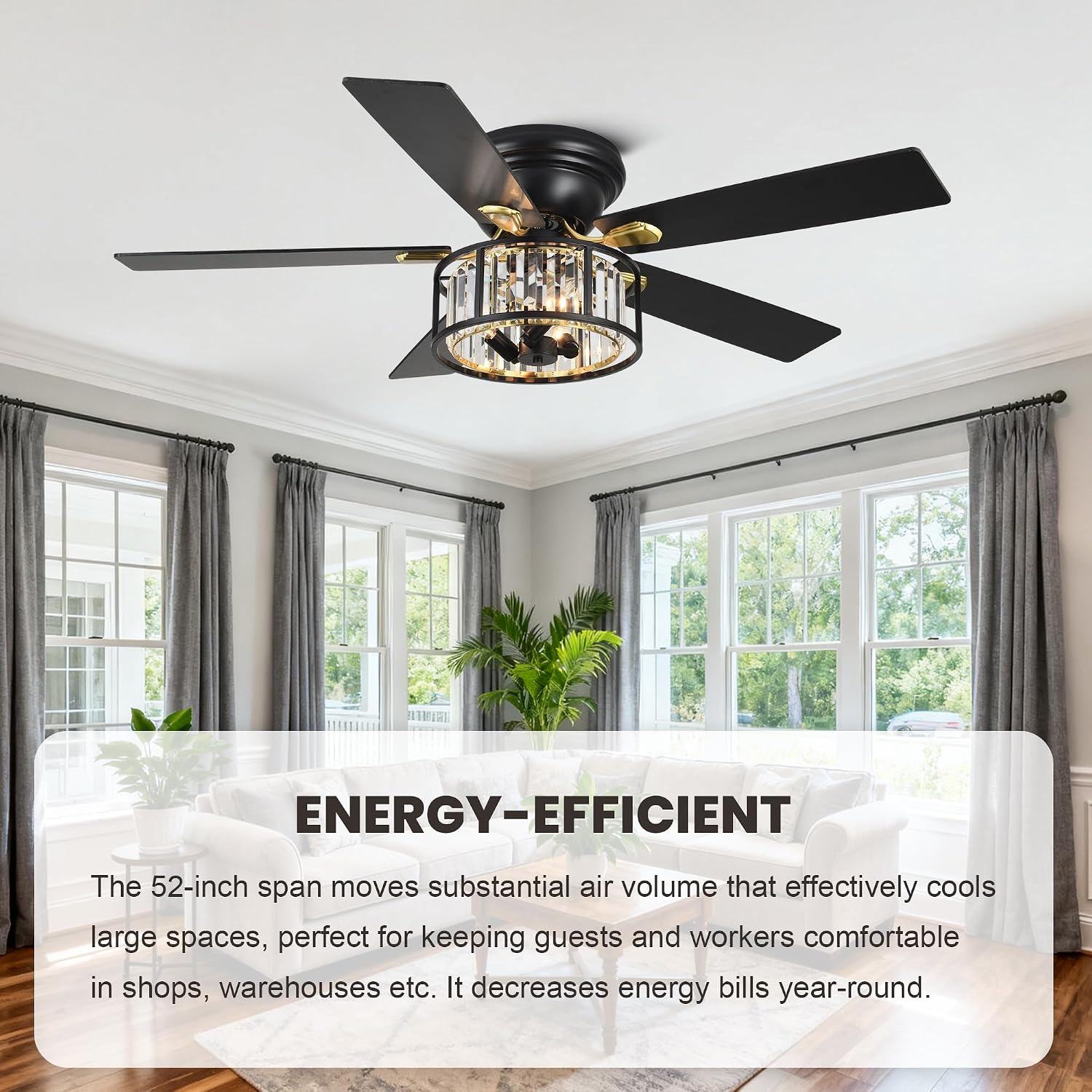 Dawn Whisper 52' Modern Crystal Flush Mount Ceiling Fans with Lights Black | Crystal Chandelier, Low Profile Low Ceilings, Remote Control, Reversible, Noiseless, 6 Speeds, for Living Room Bedroom