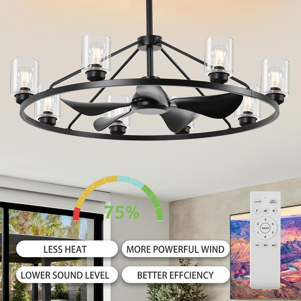 44' Large Ceiling Fans with Lights Wagon Wheel Chandelier, Farmhouse Fandelier Black Fans with Glass Lampshade Light Fixture,App control, 6 Speed, Timing, Adjustable Height for Dining Room Living Room