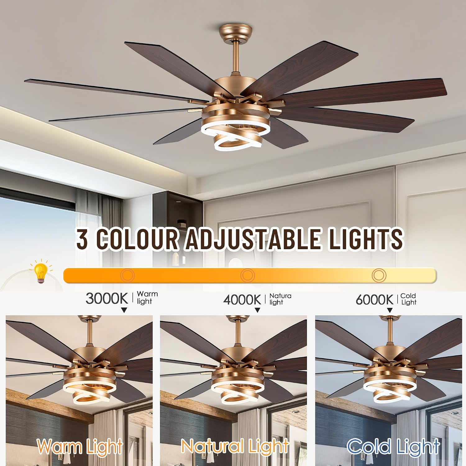 72'' Large Ceiling Fans with Lights and Remote, Indoor/Outdoor Gold Chandelier Fan with DIY Rings LED,Fandelier Ceiling Fans with Lights for Living Room/Porch/Patio