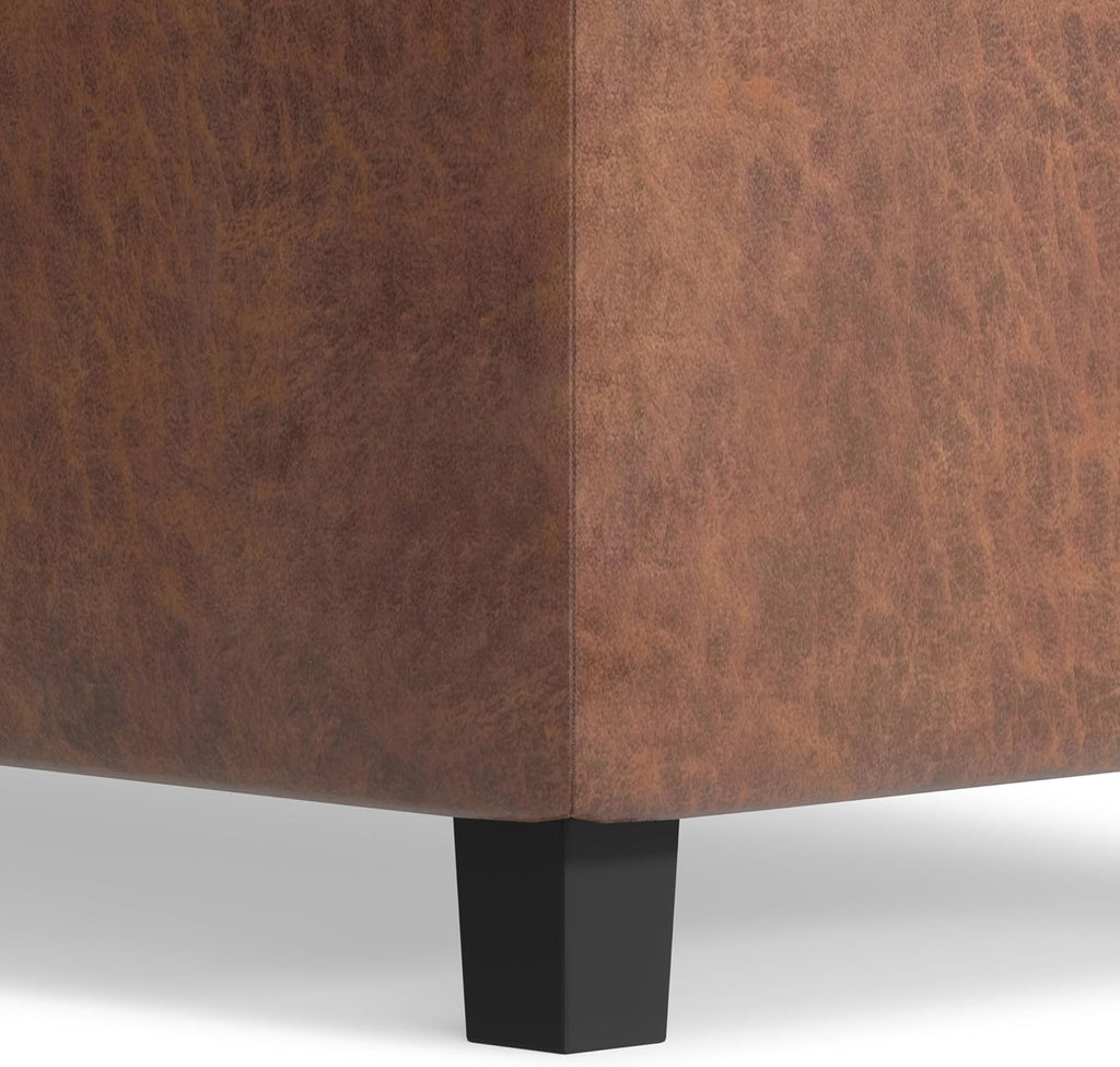 SIMPLIHOME Cosmopolitan Storage Ottoman - 34 inch Wide Upholstered Vegan Leather Rectangle Storage Ottoman Bench in Distressed Saddle Brown, Transitional Tufted Ottoman for Entryway with Lift-Up Lid