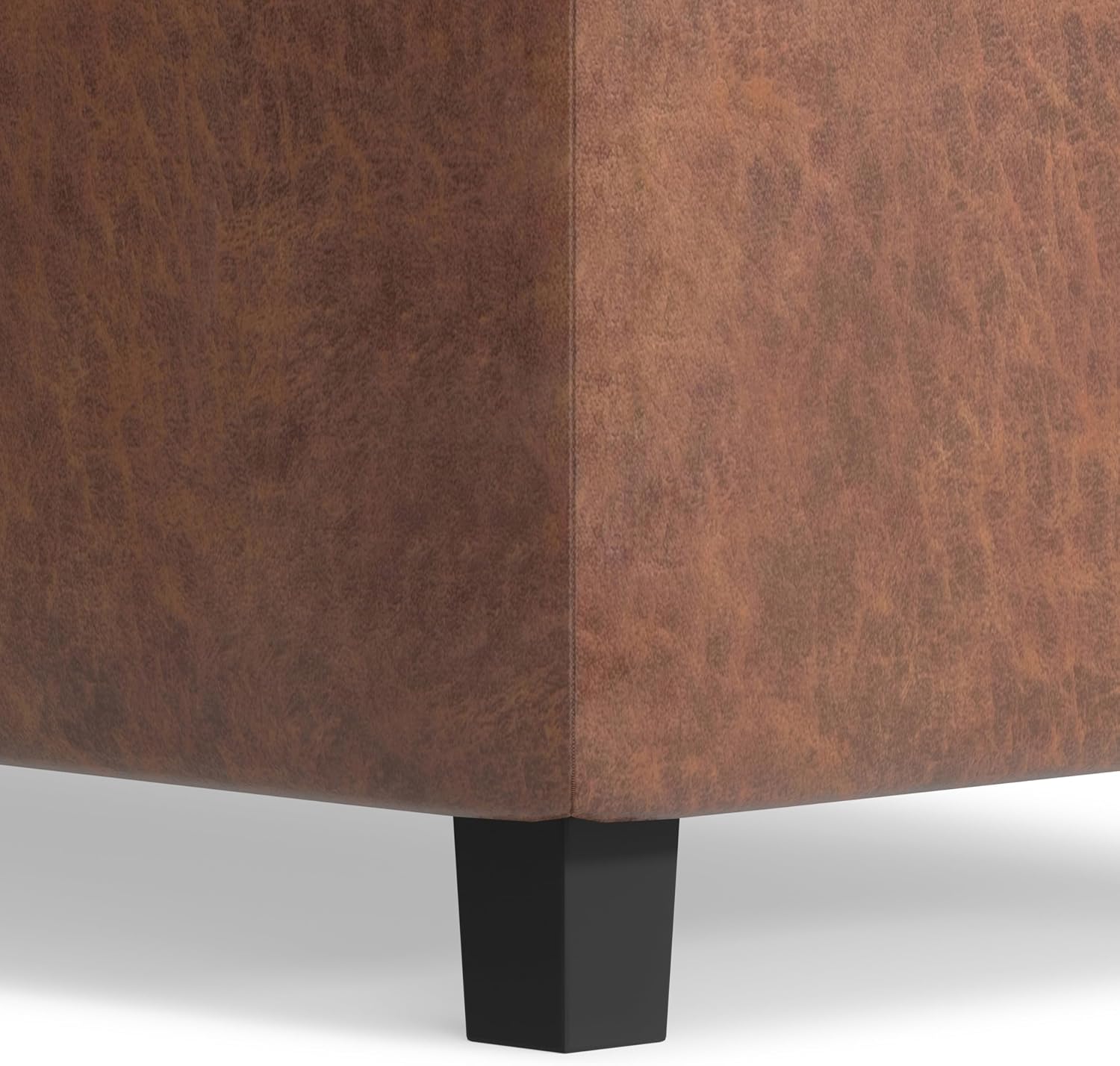 SIMPLIHOME Cosmopolitan Storage Ottoman - 34 inch Wide Upholstered Vegan Leather Rectangle Storage Ottoman Bench in Distressed Saddle Brown, Transitional Tufted Ottoman for Entryway with Lift-Up Lid