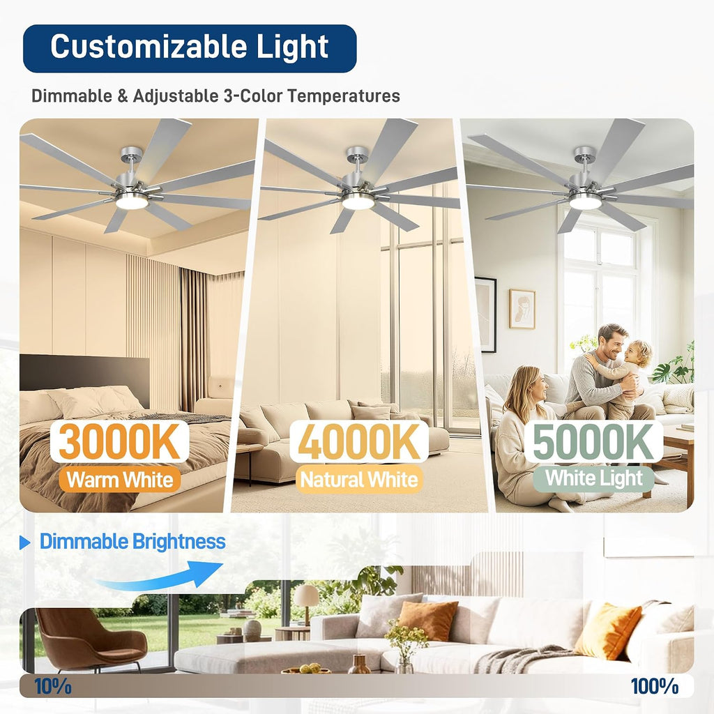 62 Inch Ceiling Fans with Lights and Remote Control, Low Profile & Downrod Mount 8-Blade Modern Nickel Ceiling Fan, 3CCT Dimmable LED Light, Quiet DC Motor for Bedroom Living Room, ETL Listed
