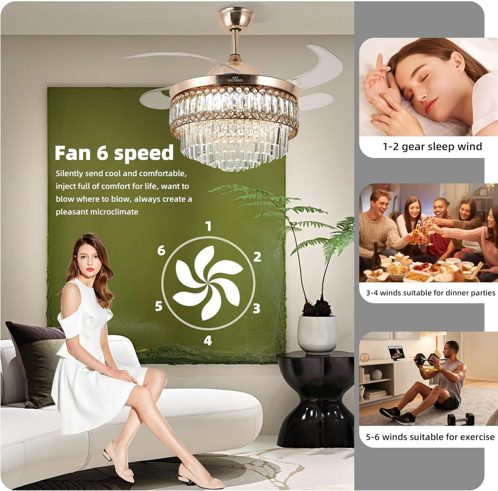 Retractable Crystal Ceiling Fan with Lights and Remote/APP Control, Bluetooth Ceiling Fan with Speaker, 6-Speed Reversible Blades, RGB Light, Invisible Fandelier for Bedroom Dinning Room 42'