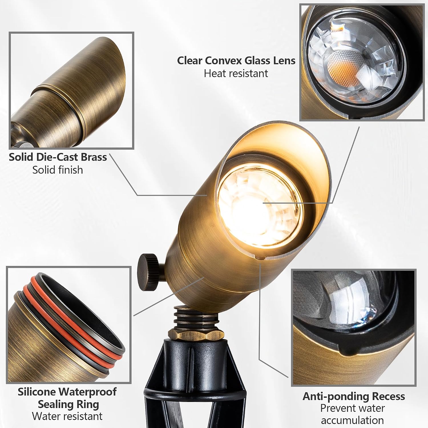 LumStory 4-Pack Solid Brass Landscape Light Low Voltage 12V Outdoor Brass Landscape Spotlight with 5W MR16 LED Bulb 3000K Warm White, IP65 Waterproof Landscape Up Lighting for Tree Garden Yard Pathway