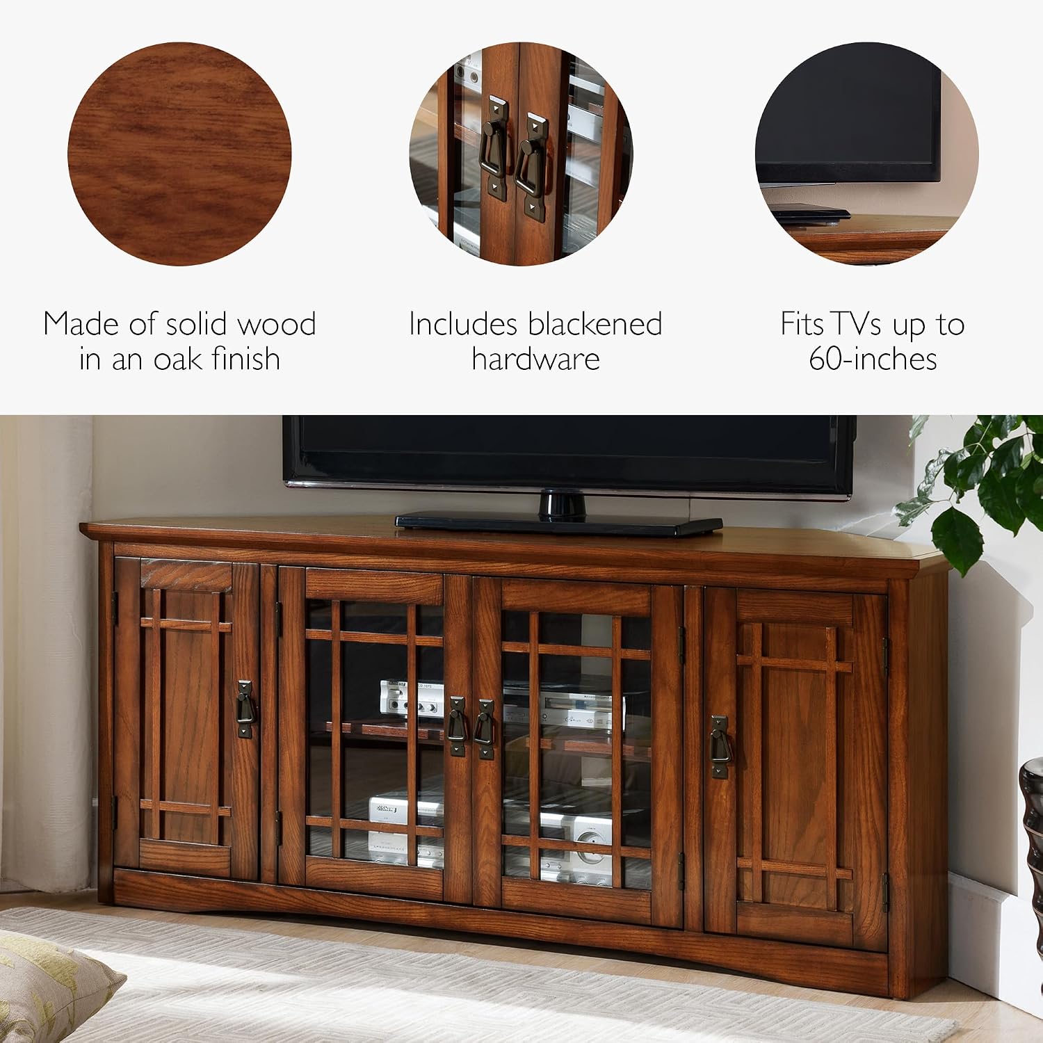 Leick Home 60 in Corner TV Stand, Solid Wood, Adjustable Shelves, Easy Assembly, Mission Style, Blackened Hardware, Medium Oak, 56 in W x 20 in D x 25 in H, 82386