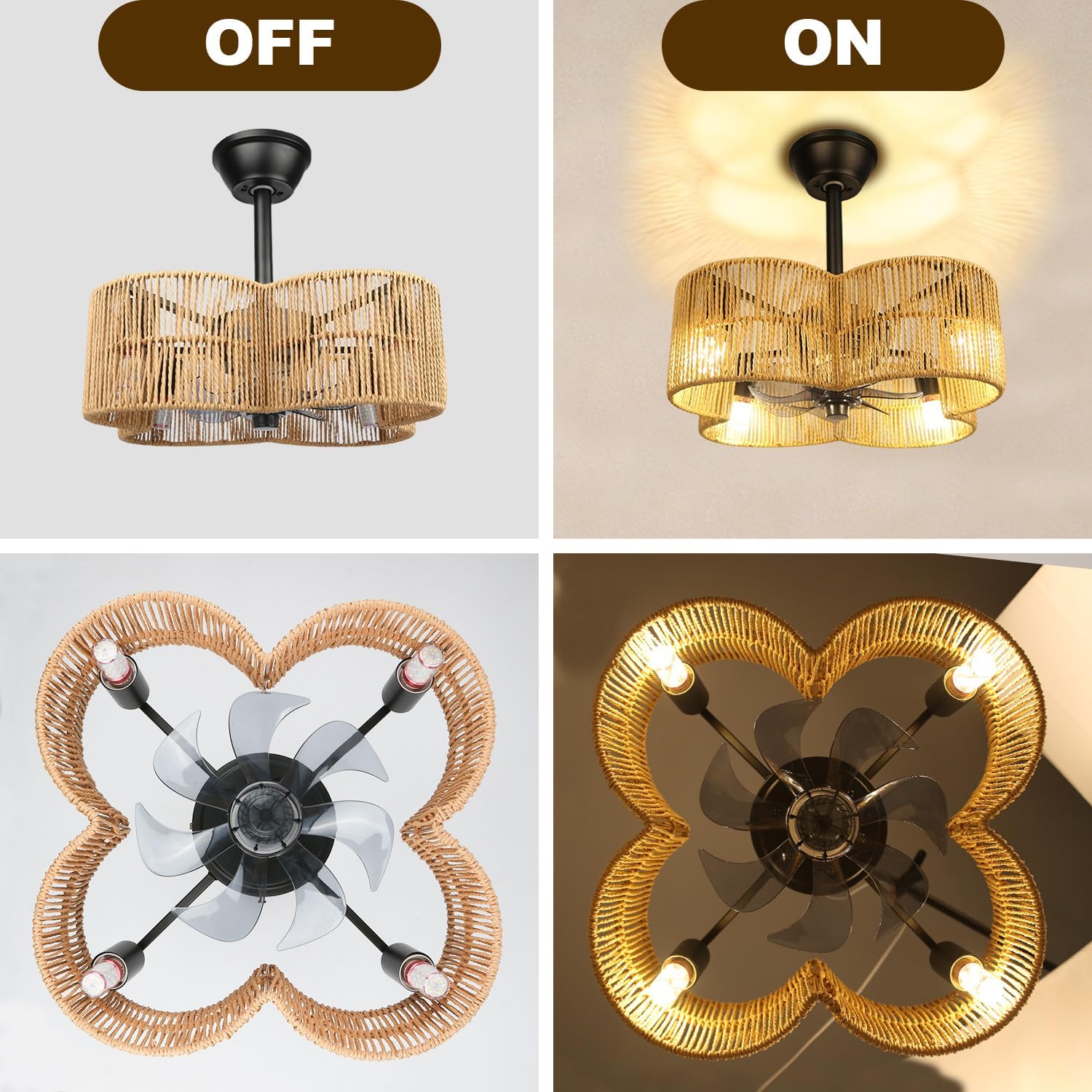 Ceiling Fans with Lights Flush Mount, 20 Inch Caged Low Profile Ceiling Fans with 3 Mode Lighting and Remote Control with E26 Bulbs for Bedroom, Nursery, Garage (Four-Leaf Clover)
