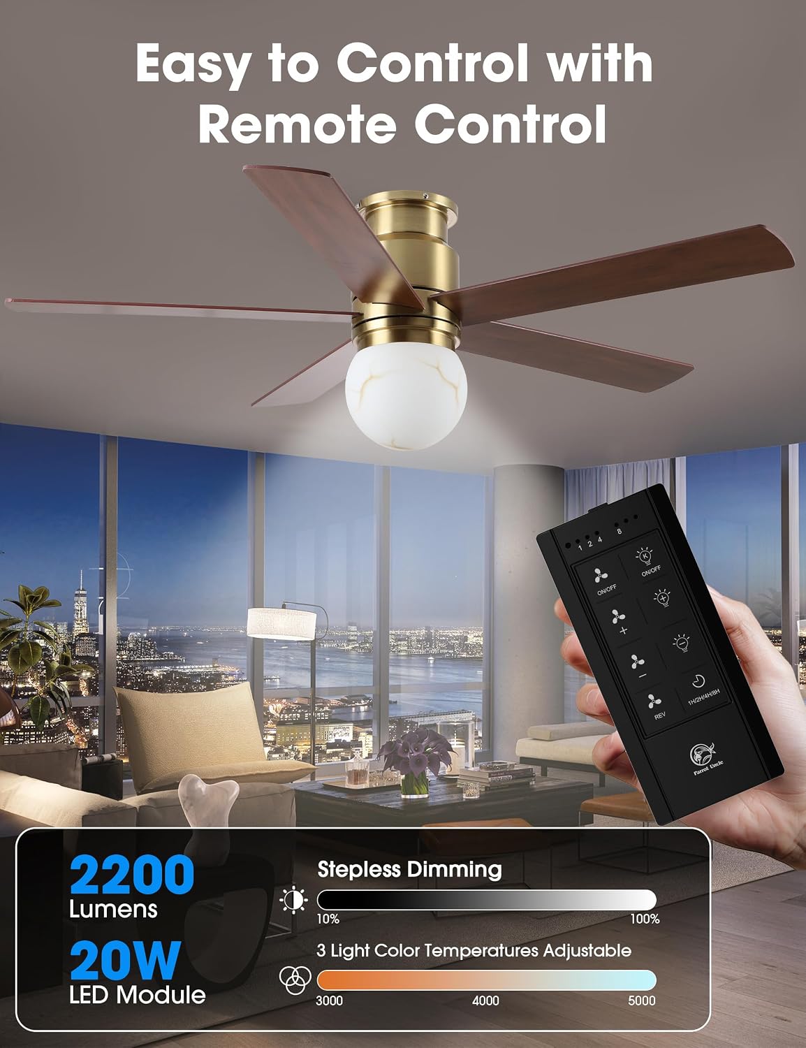 Gold Ceiling Fans with Lights and Remote, 52 Inch Low Profile Ceiling Fan with Light for Bedroom, Flush Mount Ceiling Fan for Living Room Indoor Outdoor, 6-Speed Reversible DC Motor, Dimmable LED 3CCT