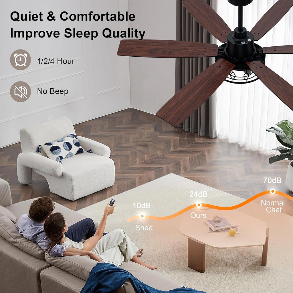 Farmhouse Ceiling Fan with Lights 60 Inch Rustic Ceiling Fan Black Caged Fandelier Large Chandelier Light for Living Room Indoor Outdoor, Reversible DC Motor 6 Speeds, 3 E26 Bulbs