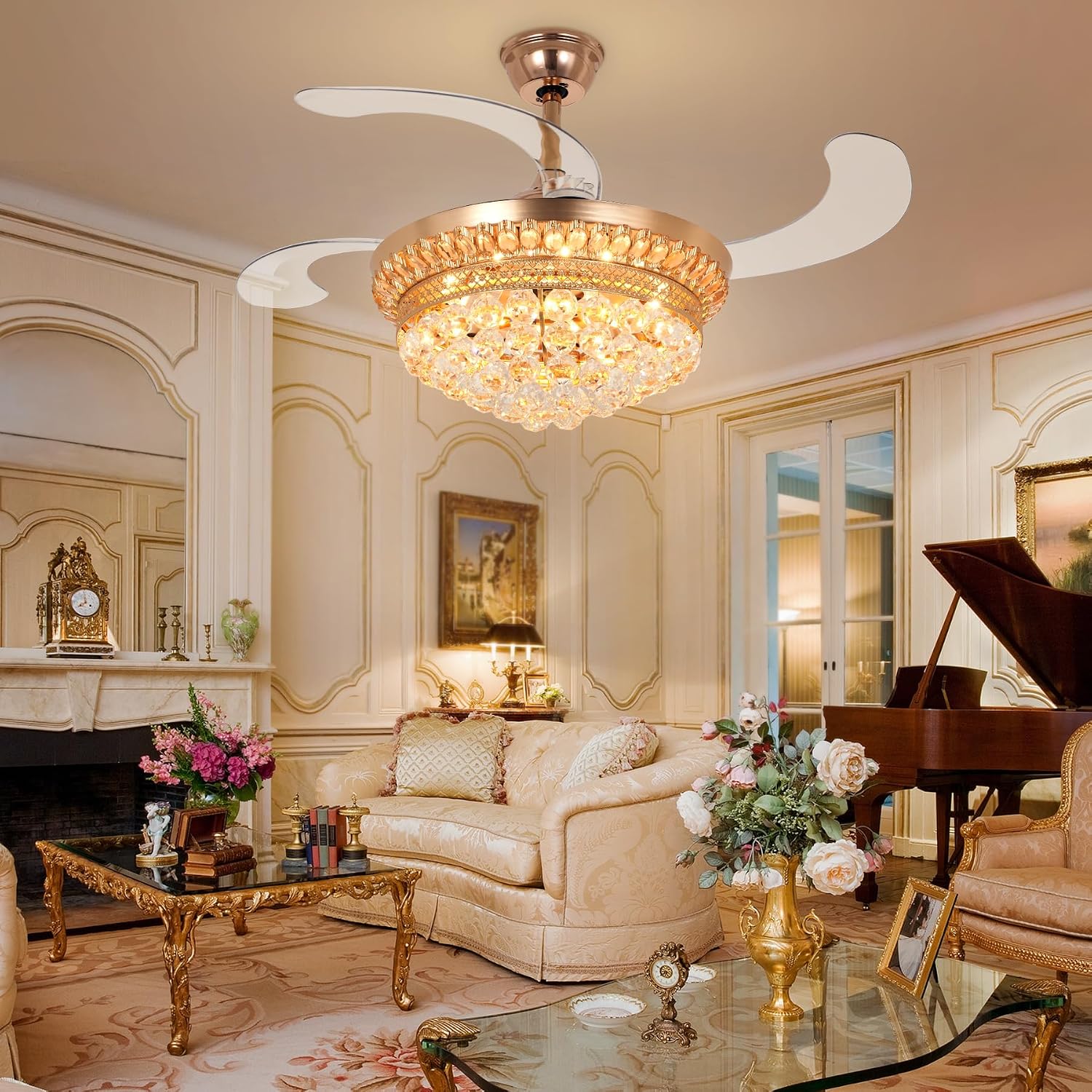 Bling Crystal Fan Chandelier, 42 Inch Rose Gold Chandelier Fans with Crystals, Retractable Fandelier Ceiling Fan with Light and Remote for Bedroom, Living Room, Dining Room