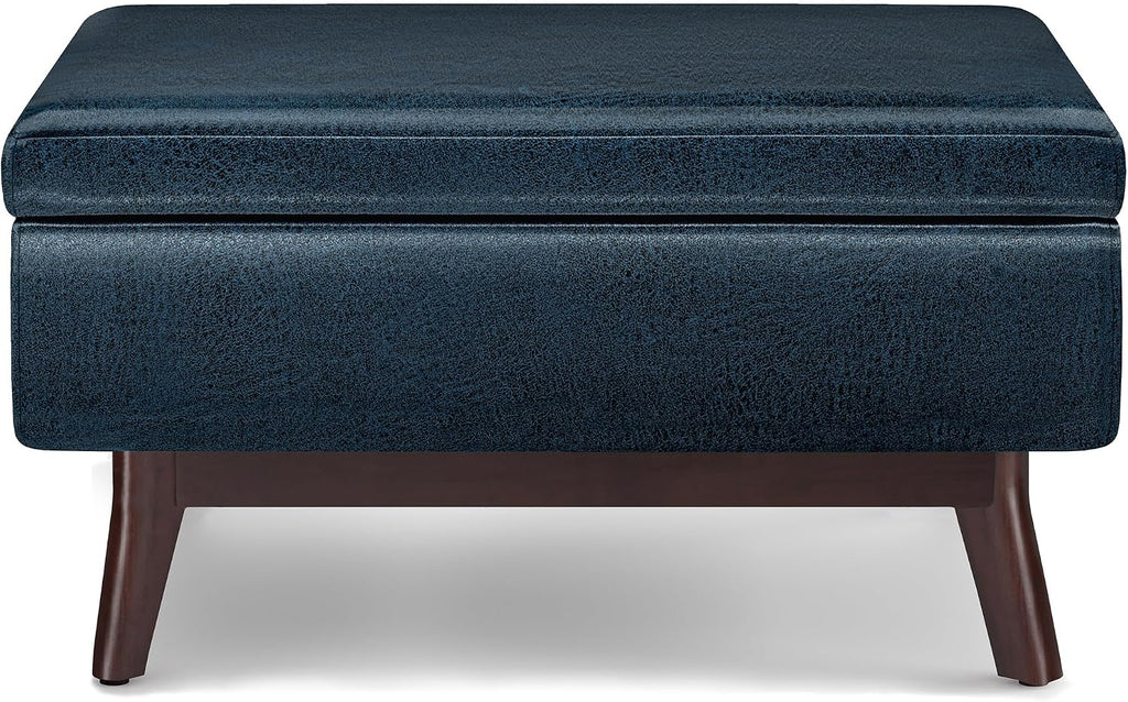 SIMPLIHOME Owen Coffee Table Storage Ottoman - 34' Wide x 19' High Upholstered Vegan Leather Rectangular Lift-Top Ottoman in Distressed Dark Blue, Mid-Century Modern Bench with Tapered Legs