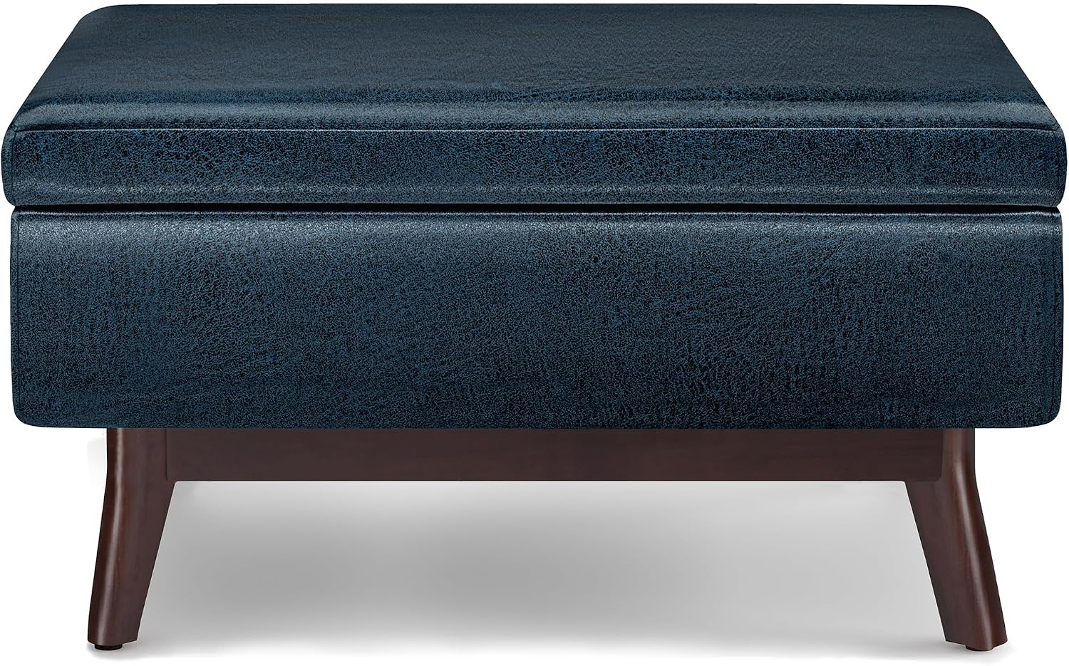 SIMPLIHOME Owen Coffee Table Storage Ottoman - 34' Wide x 19' High Upholstered Vegan Leather Rectangular Lift-Top Ottoman in Distressed Dark Blue, Mid-Century Modern Bench with Tapered Legs