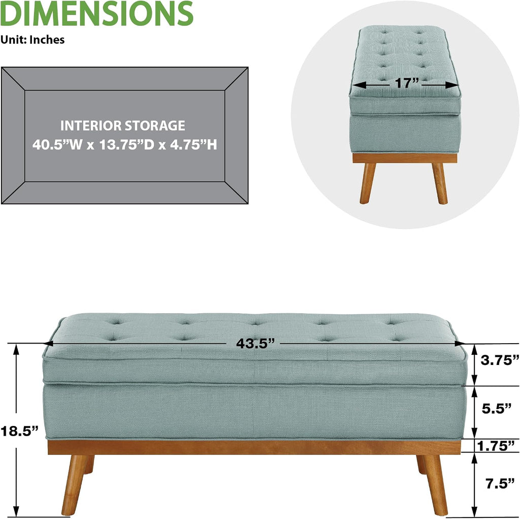 OSP Home Furnishings Katheryn Mid-Century Modern Storage Bench with Tufted Seat and Wood Legs, Sea Blue Fabric