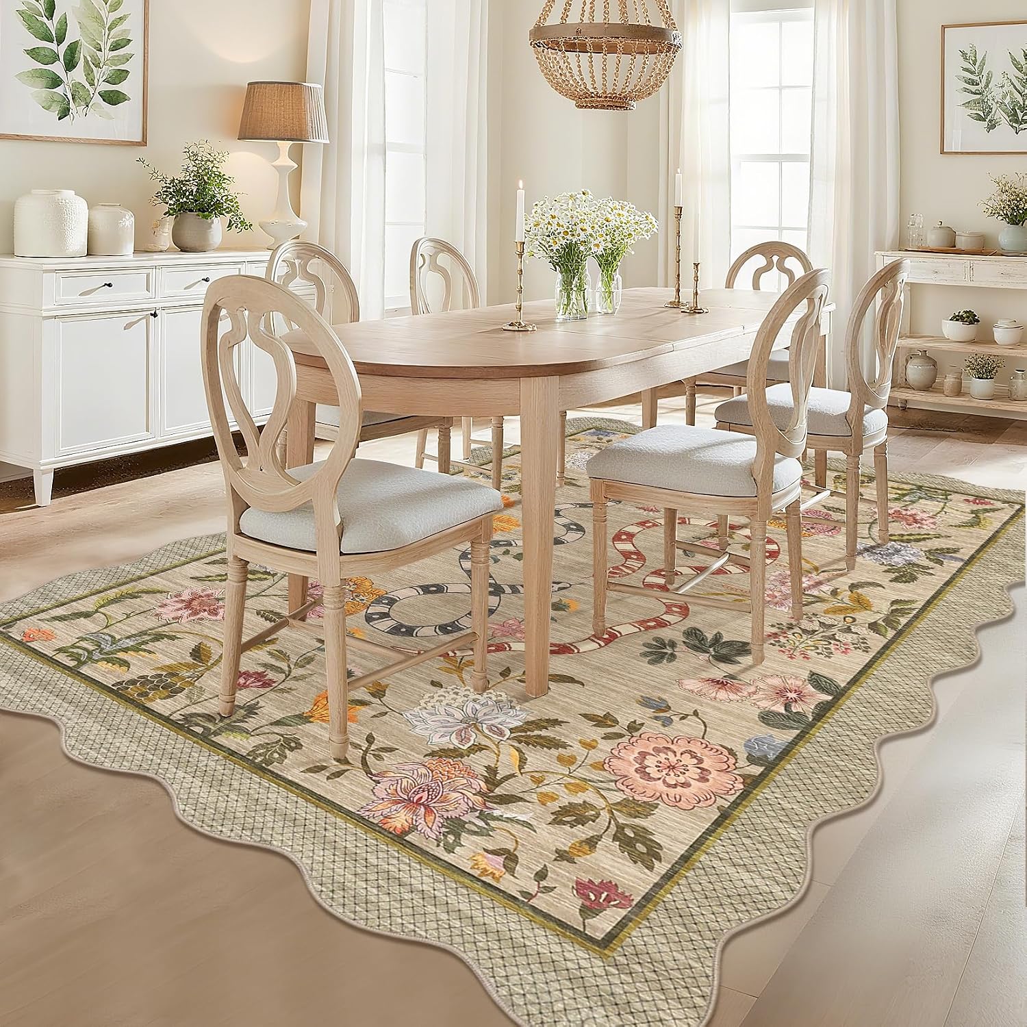 Garvee Washable 9x12 Area Rugs for Living Room Non Slip Botanical Snake Rugs for Bedroom, Boho Scalloped Stain-Resistant Dining Room Rug for Under Table Carpet for Home Office Playroom Farmhouse,Brown