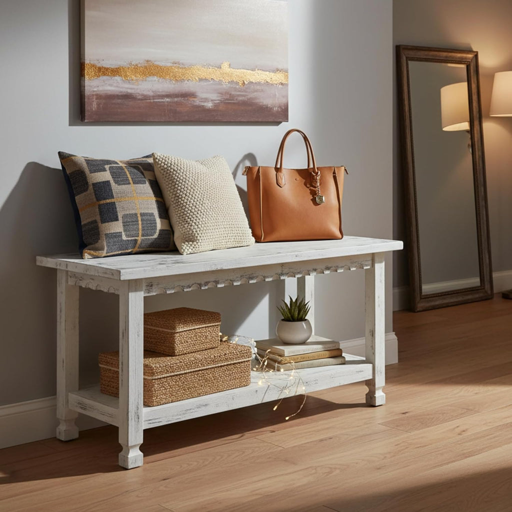 Country Cottage 36-Inch Farmhouse Entryway Bench with Storage Shelf – Solid Pine Wood Bench in Distressed White for Hallway, Bedroom, or Mudroom by Alaterre Furniture