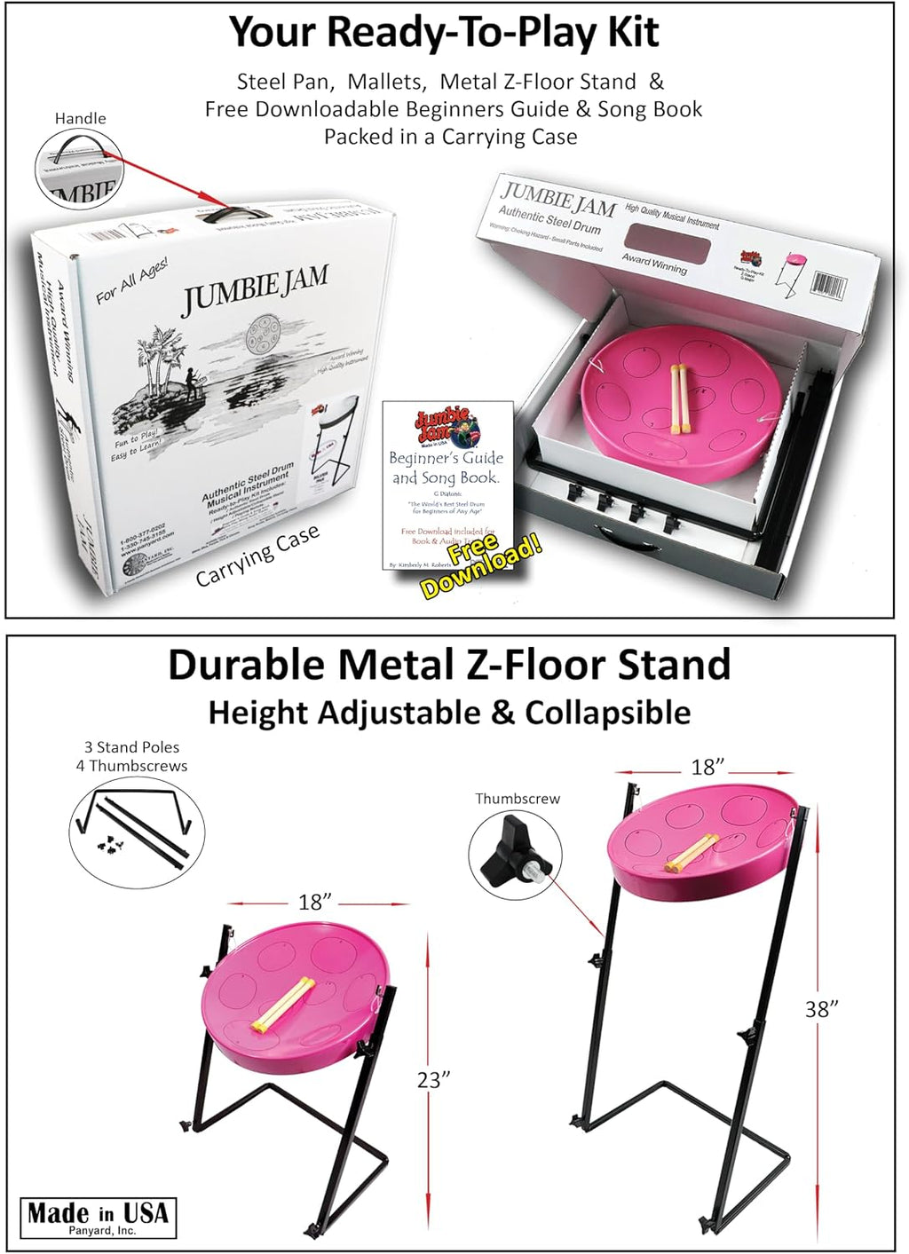 Jumbie Jam Steel Drum Ready-To-Play-Kit Pink Finish with Metal Z-Floor Stand