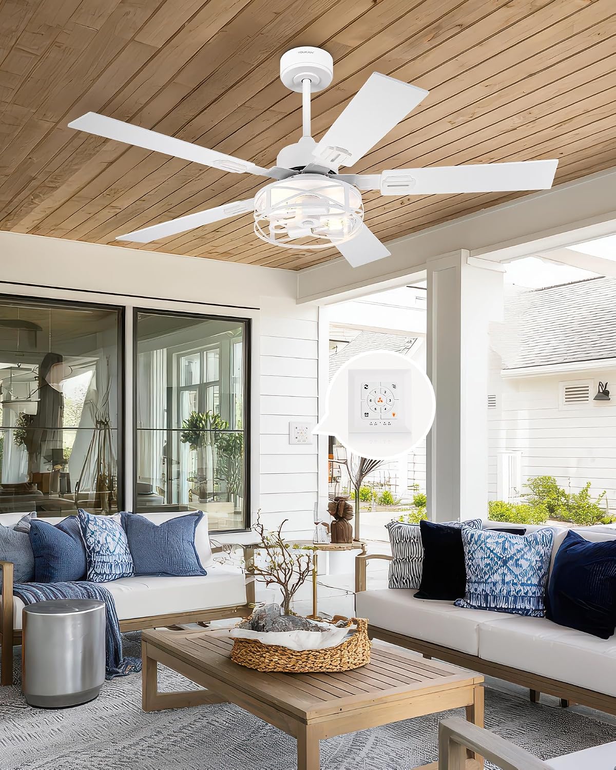 YOUKAIN 48 Inch Ceiling Fans with Lights, Farmhouse Ceiling Fans with Wall Switch and Remote Control, 5-Reversible, White Finish, Outdoor Ceiling Fan for Indoor/Outdoor Use, 48-YJ632-WHW-WS