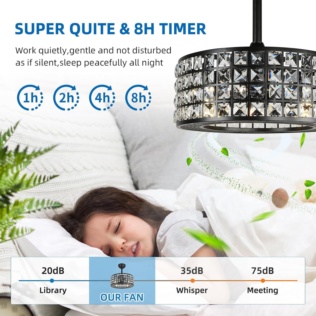YYEHON Bladeless Ceiling Fan with Lights and Remote, 18' Caged Industrial Fandelier, Indoor Crystal Chandelier Ceiling Fan for Bedroom, Living Room, Dinning Room, Kids Room, Black