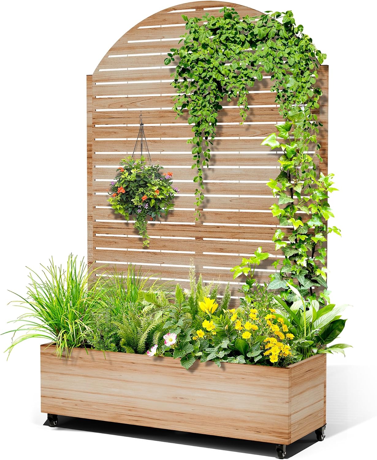 Metal Raised Garden Bed with Trellis, 2-in-1 Planter Box & Privacy Screen for Climbing Plants, Outdoor Standing Flower Bed with Drainage Holes, 47.2'L x 16.7'W x 70.8'H, Acacia Wood Grain-Louvered