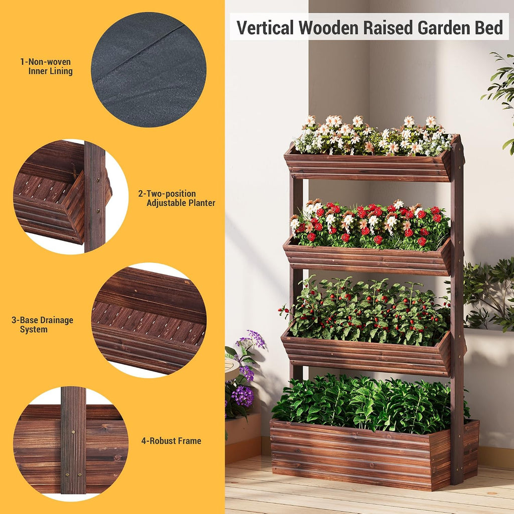 Garden Bed Vertical Wooden Raised Garden Bed Planters Wood Planter Kit Plant Stand Flower Rack Planter Box Gardening Plants Herbs Flowers Vegetables Outdoor Indoor Freestanding (Carbonized 4-Tier)