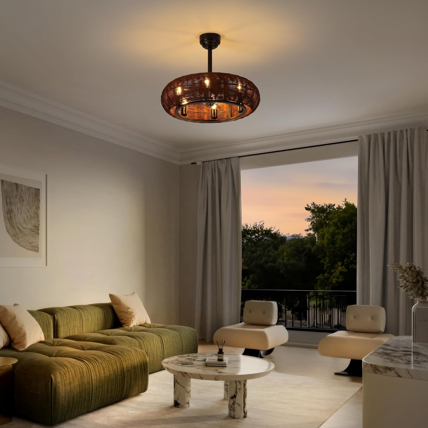 JONATHAN Y 23' Black 6-Light Modern Bohemian Ceiling Fan with Lights, 6-Speed Remote and App Control, Height Adjustable LED Lantern with Dark Brown Rattan Shade for Living Room JYL9728A