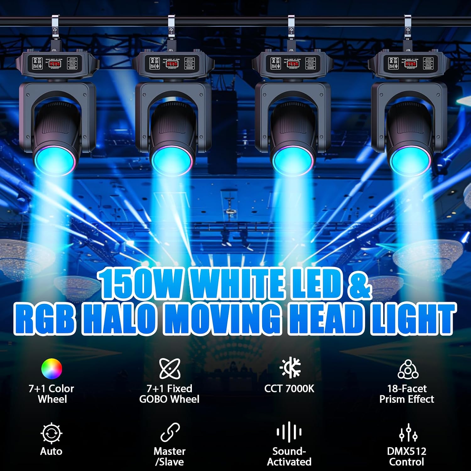 150W Moving Head Lights Beam/Spotlight/Strobe/Wash Stage Lighting 8 Gobos 8 Colors 18-Facet Prisms DMX512 Sound Activated for DJ Wedding Party Live Show Disco Events
