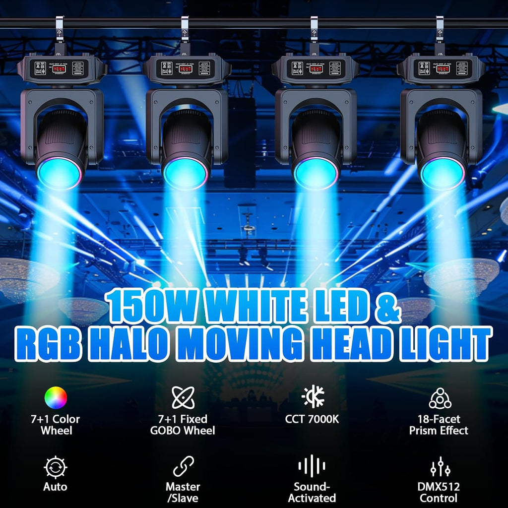 6 Pack 150W Moving Head Lights,Beam/Spotlight/Strobe/Wash Stage Lighting 8 Gobos 8 Colors 18-Facet Prisms DMX512 Sound Activated for DJ,Wedding,Party,Live Show,Disco Events