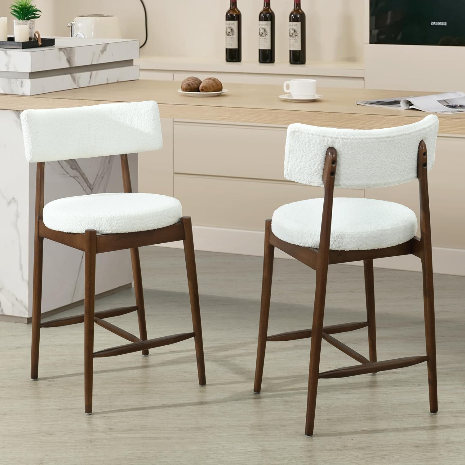 Christopher Knight Home Ebany 25.50' H Barstools Set of 2, Upholstered Counter Stool, Comfy Backrest Kitchen Stool, Rubberwood Frame Stool Chair, Bistro Chair for Kitchen Dining Room, Beige+Brown
