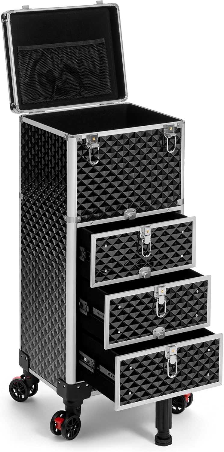 Rolling Makeup Train Case with 3 Drawers, Nail Trolley Cart Salon Station Cosmetology Case on Wheels Organizer Cases for Nail Tech,SPA,Face Painting,Hairstylist,Makeup Artist (Silver & Black)