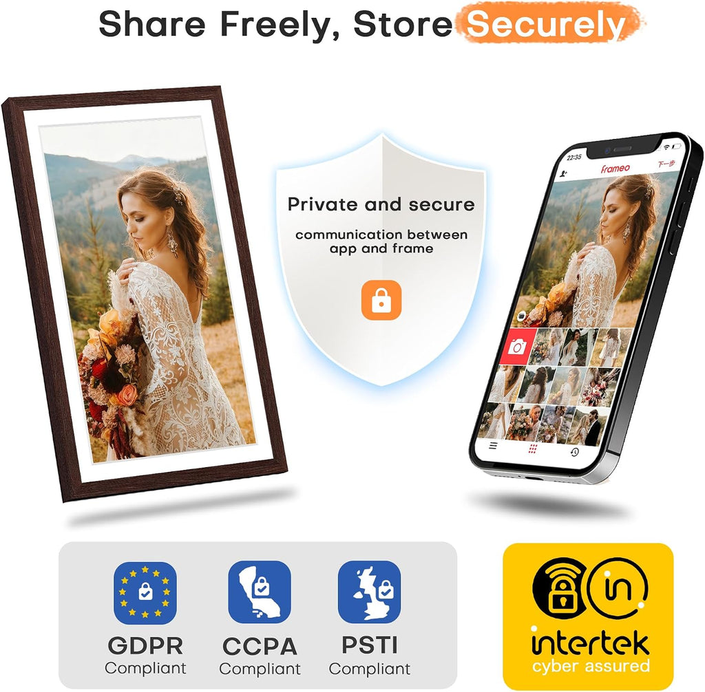 Digital Picture Frame Frameo, Large 15.6 Inch Digital Photo Frame, WiFi Electric Frame, 1920 * 1080 IPS FHD Touchscreen, 32GB, Tabletop&Wall-Mounted, Share Video Picture, Gifts for Mom, Black Walnut
