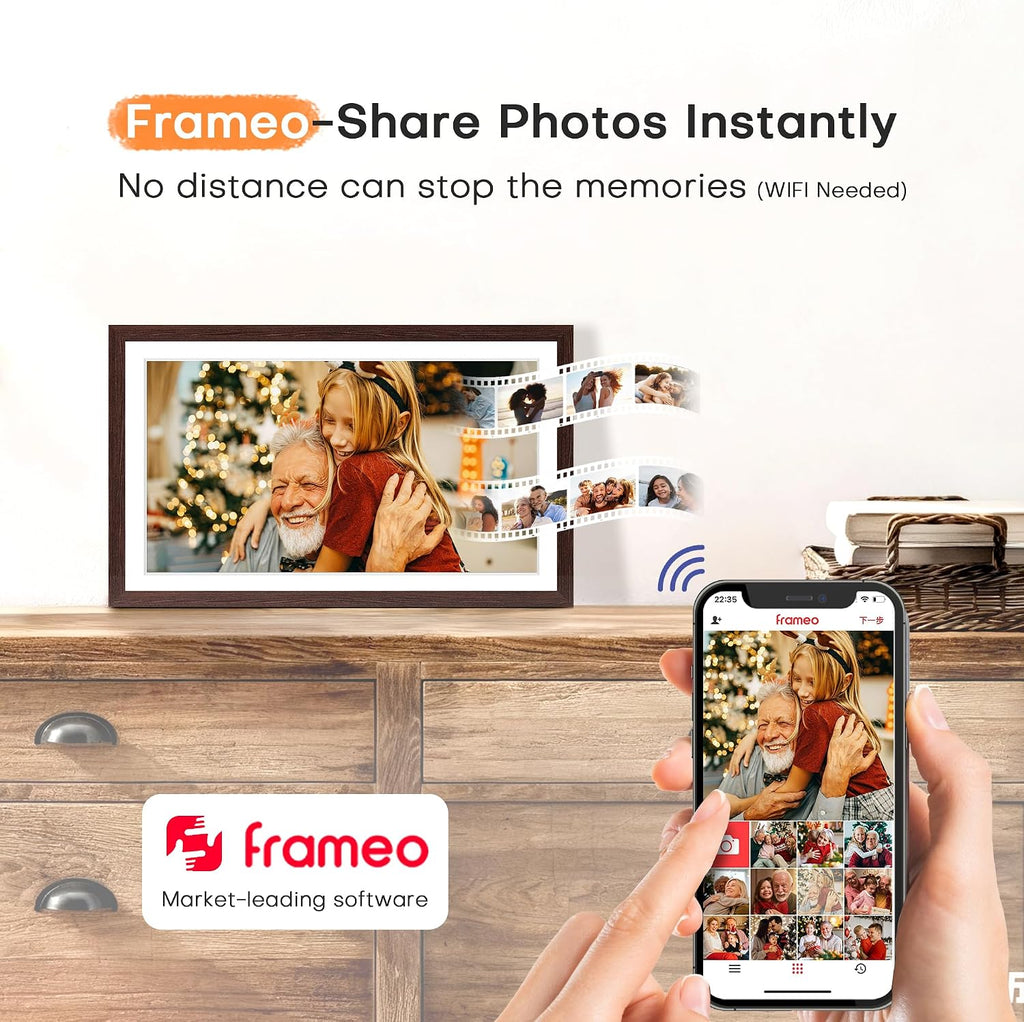 Digital Picture Frame Frameo, Large 15.6 Inch Digital Photo Frame, WiFi Electric Frame, 1920 * 1080 IPS FHD Touchscreen, 32GB, Tabletop&Wall-Mounted, Share Video Picture, Gifts for Mom, Black Walnut