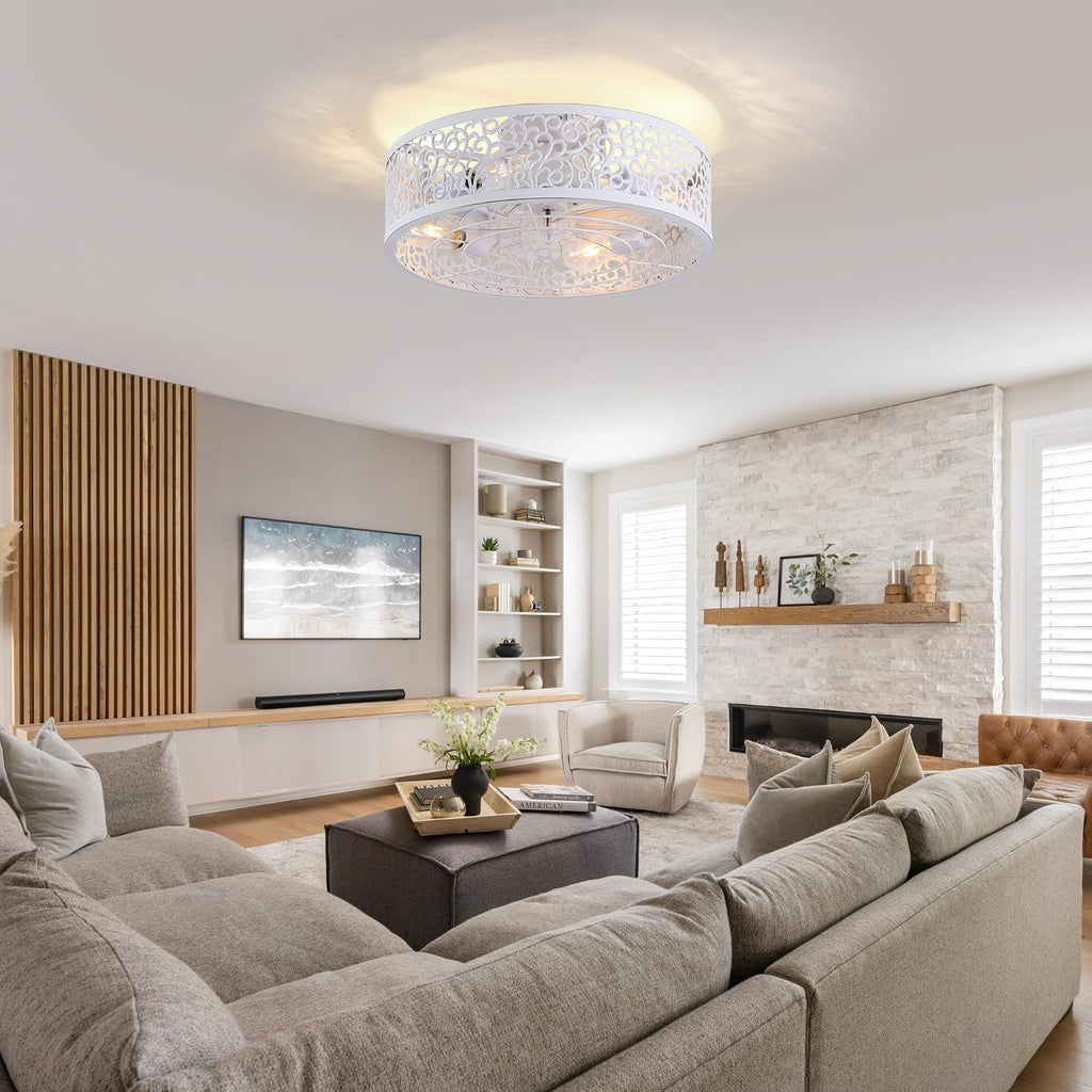 COCOSTAR Small Farmhouse Ceiling Fan with Light and Remote//APP, 20in White Caged Fandelier with Lights for Kitchen, Bedroom（4 Speed, Timing）