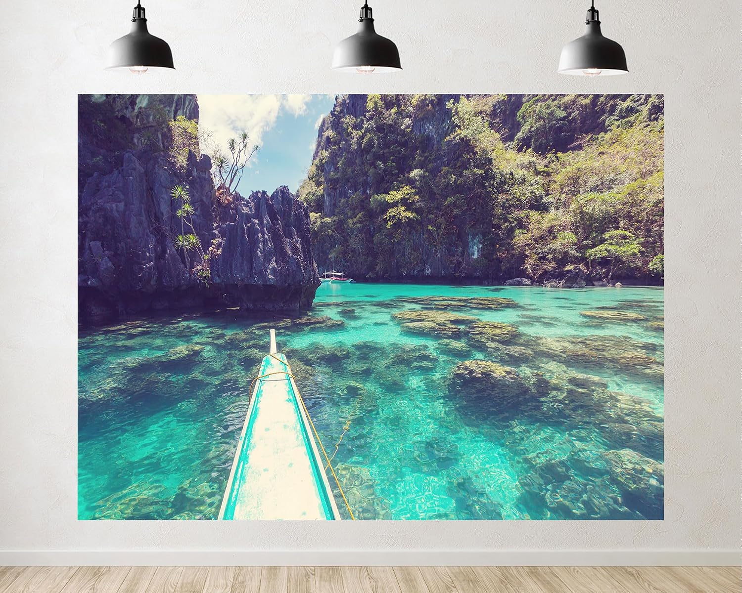 Trykid 20x10ft Turquoise Sea Cliff Boat Backdrop Tropical Karst Mountain Clear Water Island Nature Scenery Photography Background Summer Adventure Party Decoration Photo Booth Prop Fabric