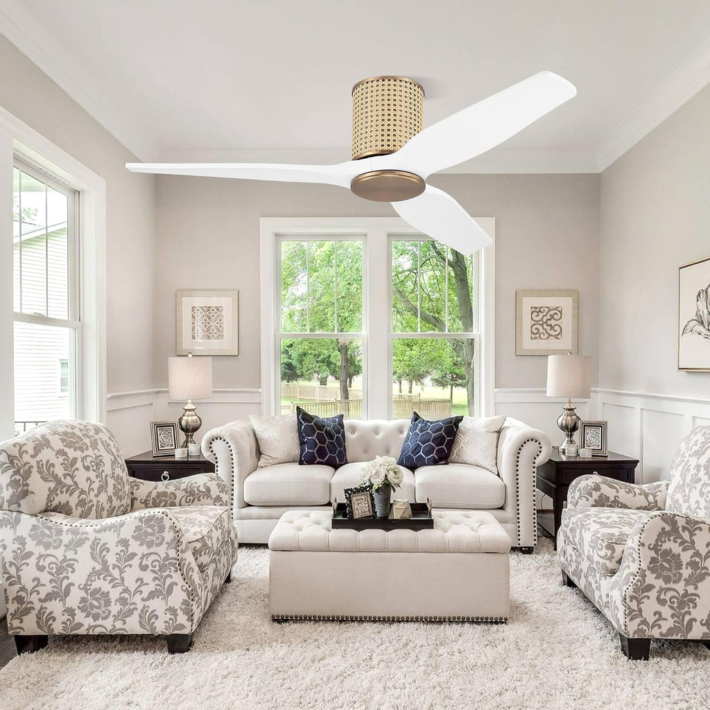 LEDLUX 48' Ceiling Fan No Light - Low Profile Flush Mount Ceiling Fan, 6-Speed Remote Control, Solid Wood, Quiet Reversible DC Motor, White/Gold Finish, for Bedroom, Living Room, Porch