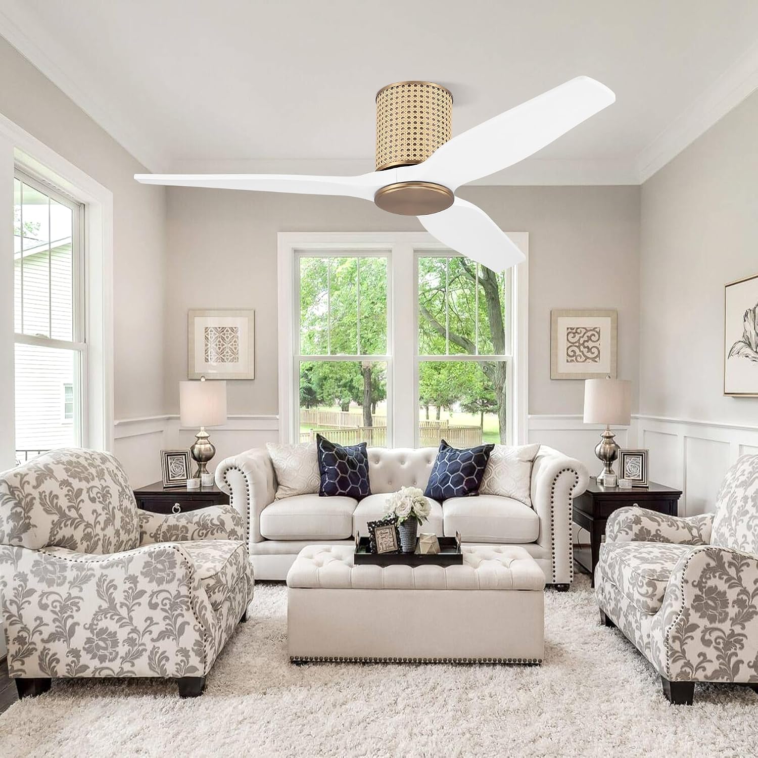 LEDLUX 48' Ceiling Fan No Light - Low Profile Flush Mount Ceiling Fan, 6-Speed Remote Control, Solid Wood, Quiet Reversible DC Motor, White/Gold Finish, for Bedroom, Living Room, Porch