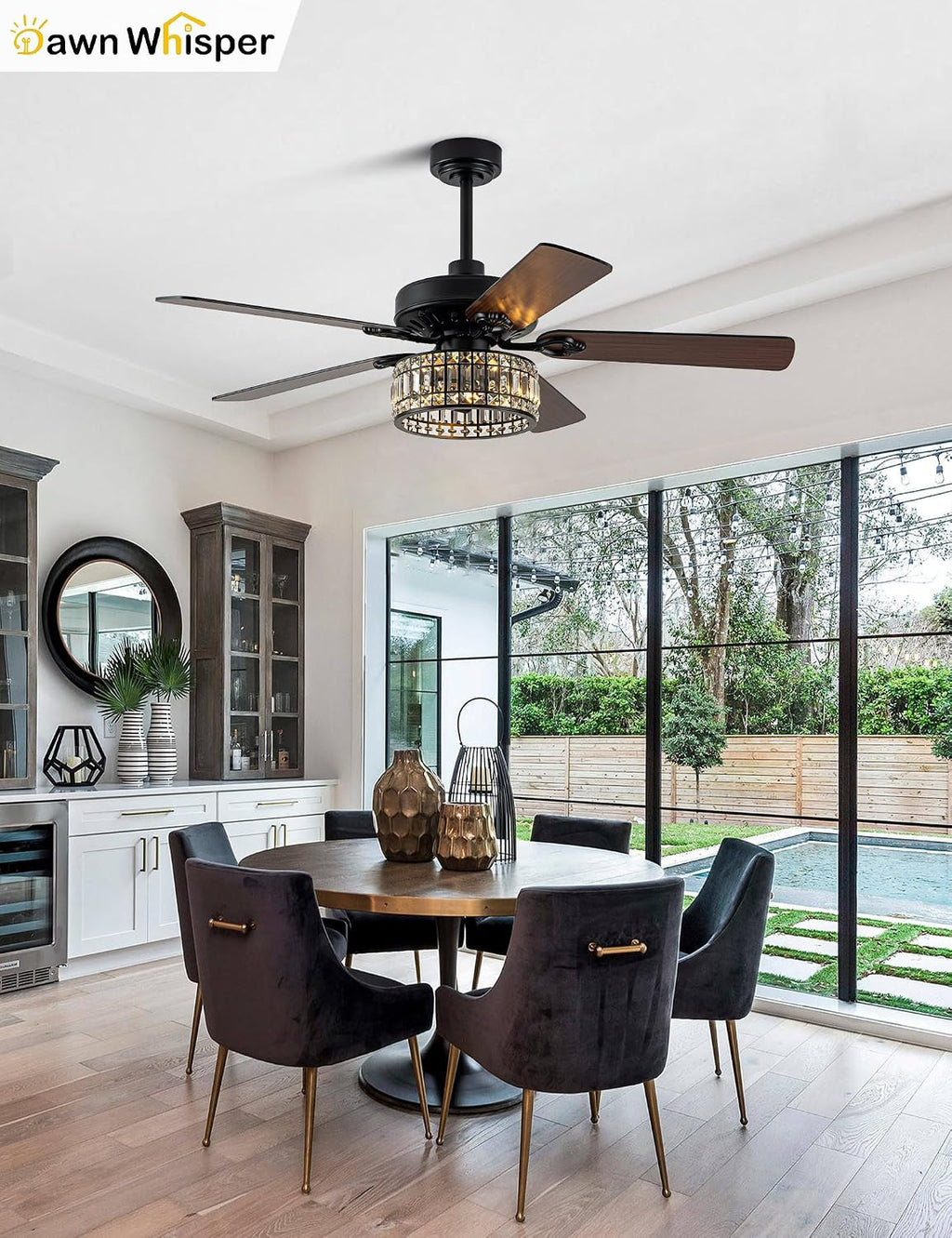 Dawn Whisper 52 Inch Black Crystal Chandelier Ceiling Fans with Lights Modern Farmhouse Vintage Ceiling Fans for Living Room Bedroom Quiet Reversible DC Motor 6 Speeds 3*E26 Light Bulbs Base