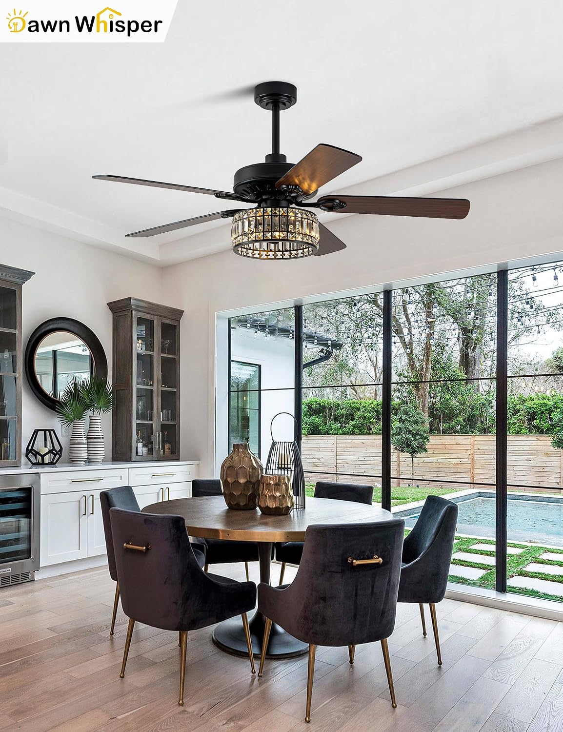 Dawn Whisper 52 Inch Black Crystal Chandelier Ceiling Fans with Lights Modern Farmhouse Vintage Ceiling Fans for Living Room Bedroom Quiet Reversible DC Motor 6 Speeds 3*E26 Light Bulbs Base