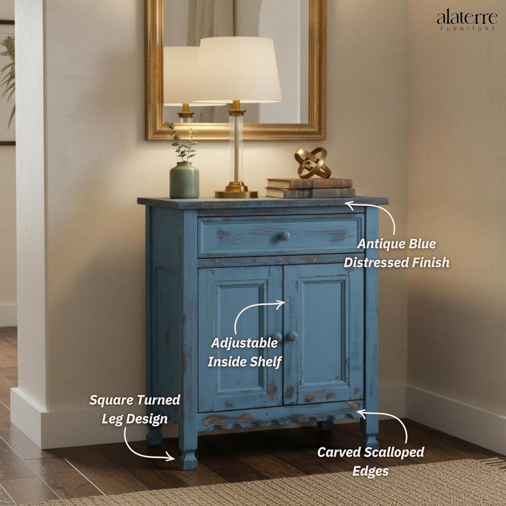 Alaterre Furniture Country Cottage Accent Cabinet with Drawer, Adjustable Shelf & 2 Doors – Rustic Farmhouse Sideboard Buffet Storage Cabinet for Living Room, Dining Room or Entryway (Blue Antique)