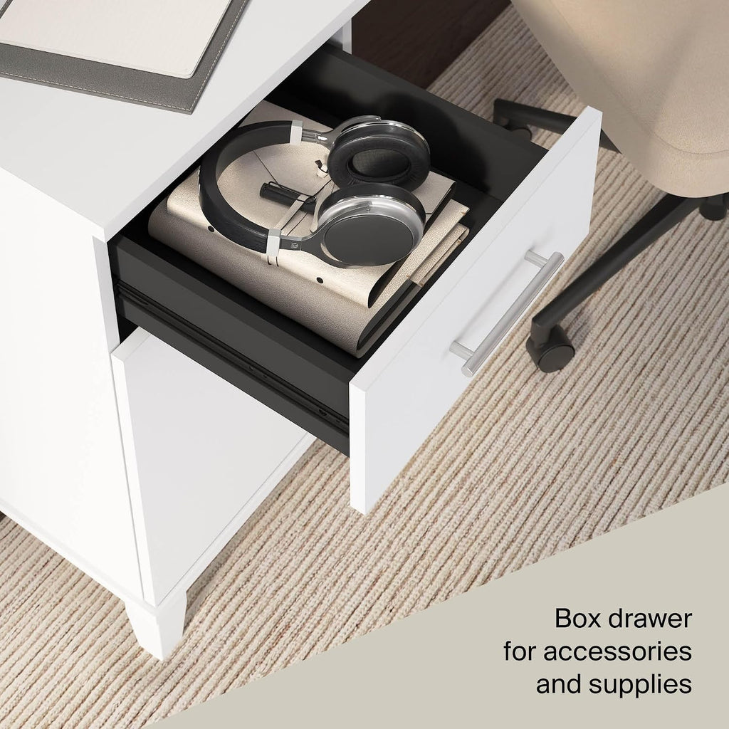 Bush Home 54-Inch Office Desk with Drawer and Storage Cabinet, Computer Desk with Box Drawer and Adjustable Shelf, Home Office Workstation Furniture, Somerset Collection, White