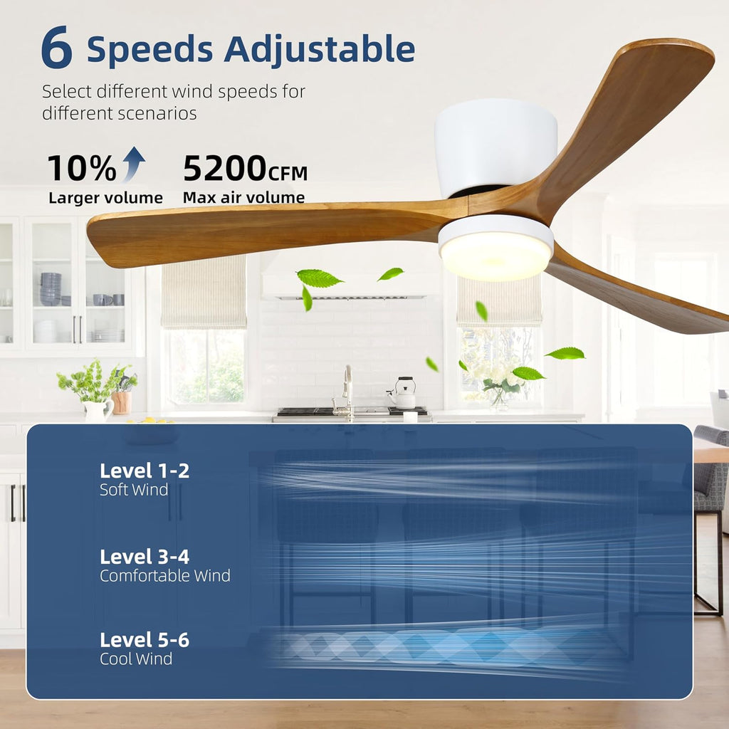 Ceiling Fans with Lights and Remote Control, 42 Inch Solid Wood Blade, Low Profile Flush Mount, LED Dimmable DC Reversible Modern Ceiling Fans with APP Control for Bedrooms, Living Rooms, Patio, White