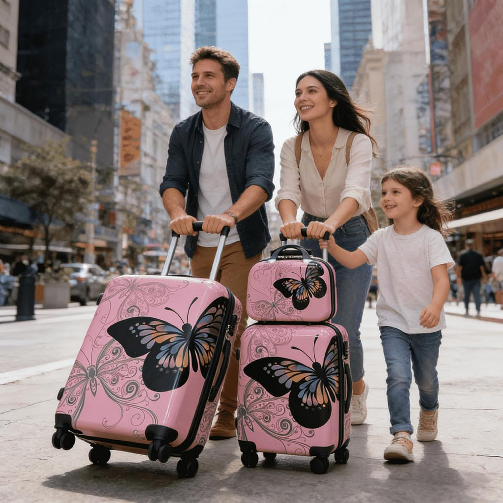 Pink Butterfly 4-Piece Luggage Set, Hard Shell ABS+PC with 360° Spinner Wheels, Combination Lock, Glossy Scratch-Resistant Surface & Waterproof Interior (20/24/28'+14' Bag)