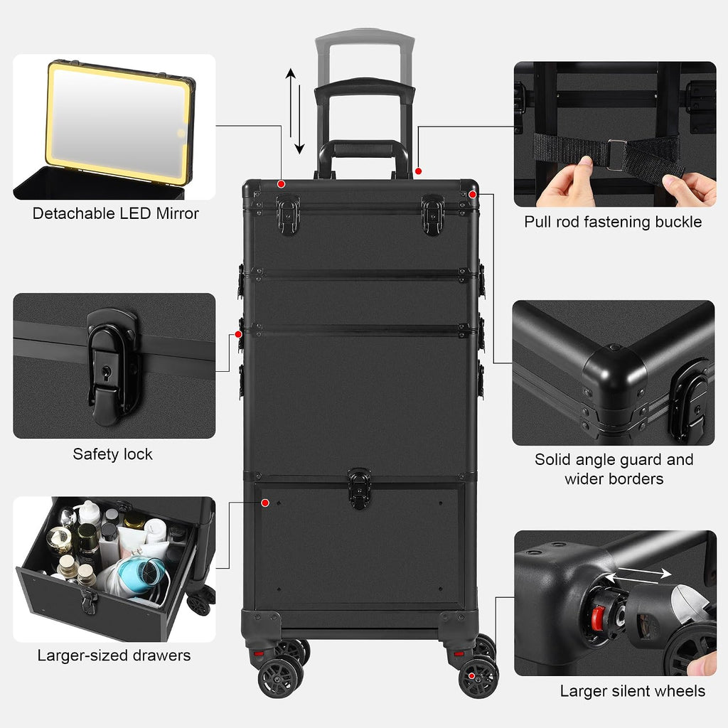 Somduy Makeup Train Case with LED Mirror, Rolling Makeup Case with Drawers, Cosmetology Case on Wheels, Gift, Travel Makeup Organizers, Profesional Cosmetic Case for Salon Barber,Nail,Tattoo, Black
