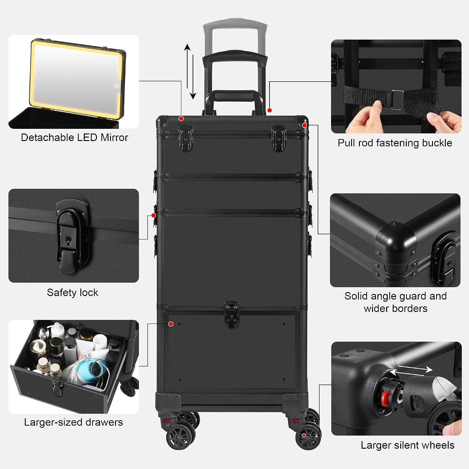 Somduy Makeup Train Case with LED Mirror, Rolling Makeup Case with Drawers, Cosmetology Case on Wheels, Gift, Travel Makeup Organizers, Profesional Cosmetic Case for Salon Barber,Nail,Tattoo, Black
