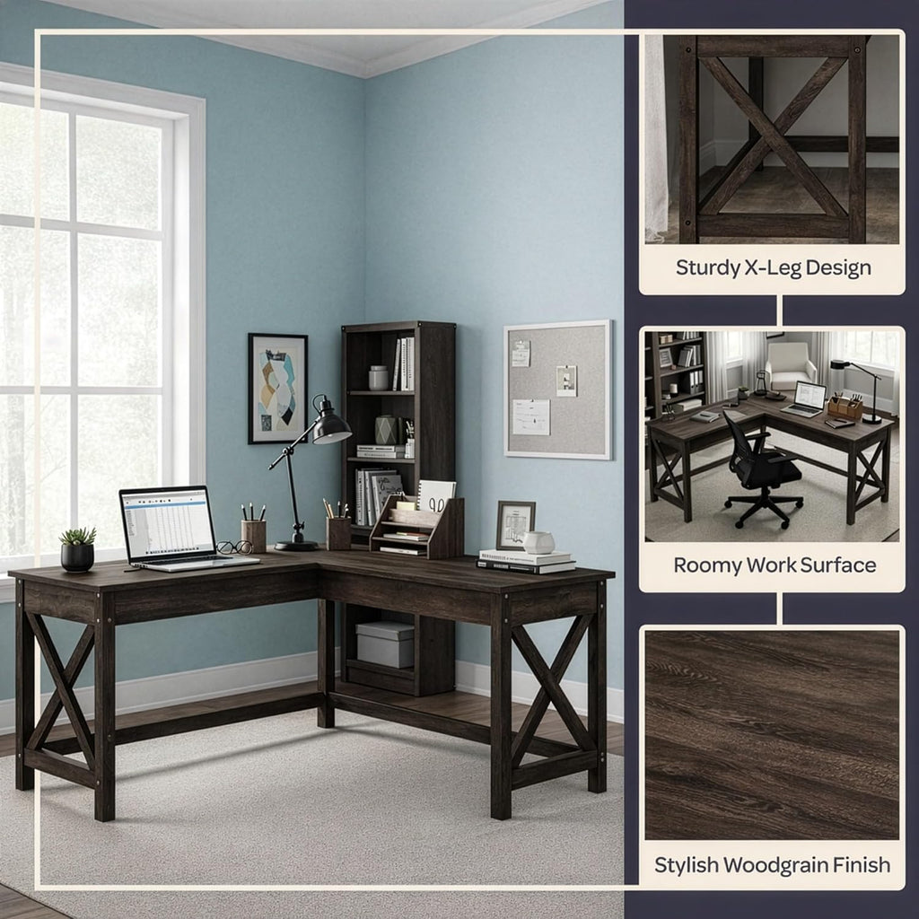Lavish Home 59' L-Shaped Desk – Corner Computer Desk for Home Office, Space-Saving Workstation with X-Frame Legs, Writing or Craft Desk for Small Spaces (Dark Gray)