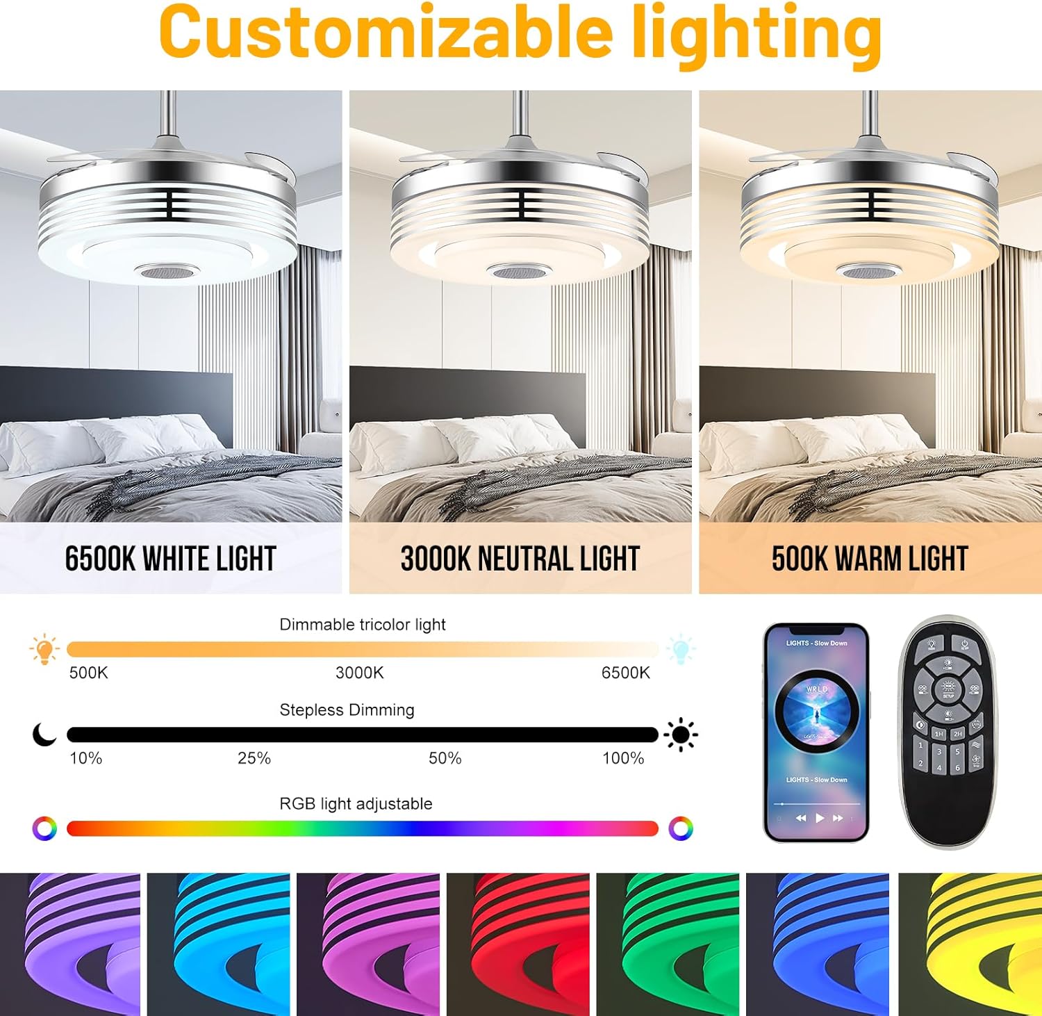 42' Modern RGB Ceiling Fan with Lights and Bluetooth Music Speaker,Color Change Motor Retractable Fandelier Ceiling Fan with Light and APP/Remote,6 Speed Silent Chandelier Fan for Bedroom Living Room