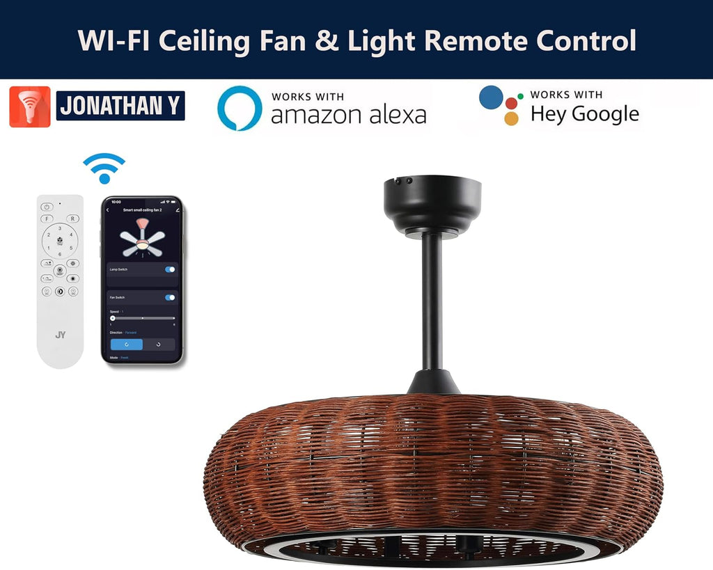 JONATHAN Y 23' Black 6-Light Modern Bohemian Ceiling Fan with Lights, 6-Speed Remote and App Control, Height Adjustable LED Lantern with Dark Brown Rattan Shade for Living Room JYL9728A