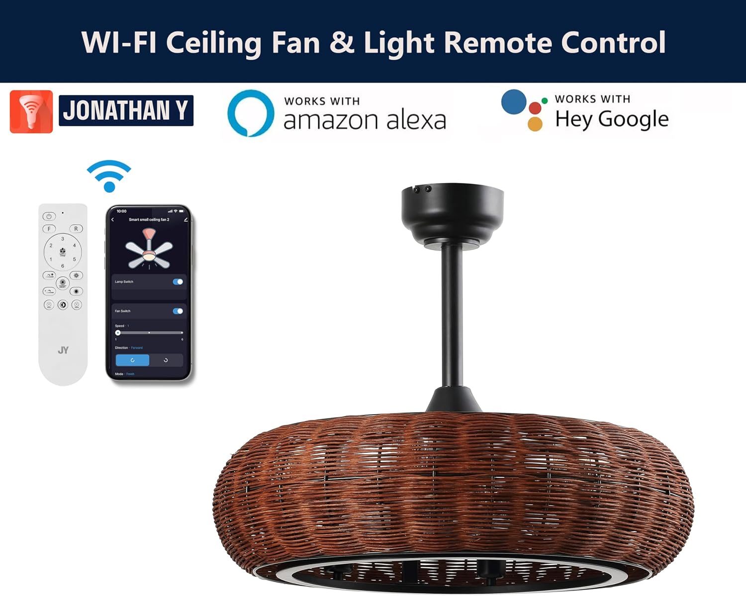 JONATHAN Y 23' Black 6-Light Modern Bohemian Ceiling Fan with Lights, 6-Speed Remote and App Control, Height Adjustable LED Lantern with Dark Brown Rattan Shade for Living Room JYL9728A