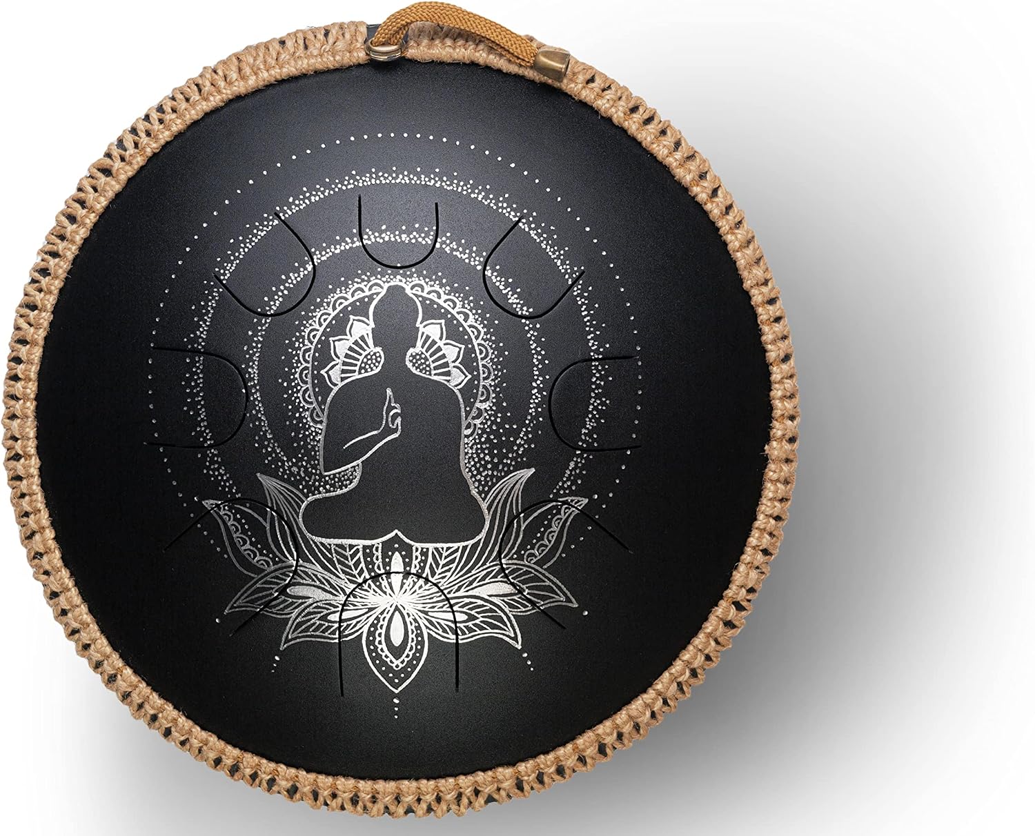 GUDA DRUM Coin Magic Lotus. Double sided drum with Rope Decoration and FREE Mallets. Premium Tongue Drum