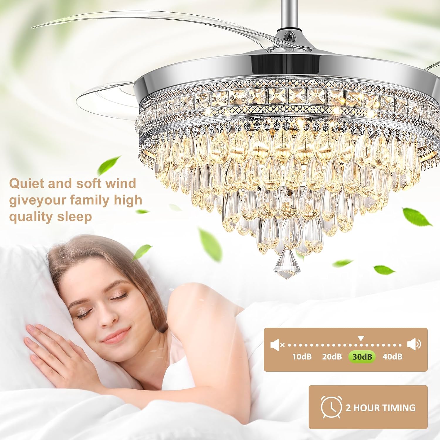 Baotree Chandelier Ceiling Fan with Lights and Remote,42 Inch Modern Flush Mount for Bedroom Indoor, Dimmable LED,Bluetooth Connection,Energy Efficient Quiet Retractable Blades (42 in White)